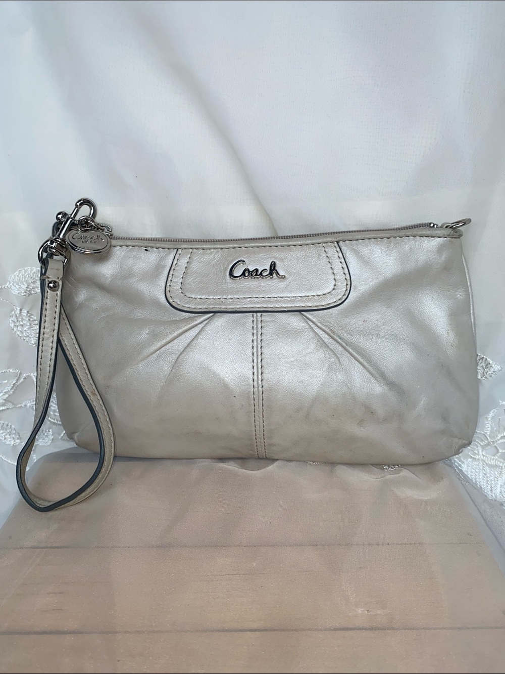 Coach Metallic Beige Leather Wristlet Clutch Mini Bag